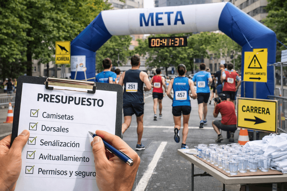 Organización de una carrera popular con arco de meta, corredores, avituallamiento y planificación del presupuesto del evento deportivo.