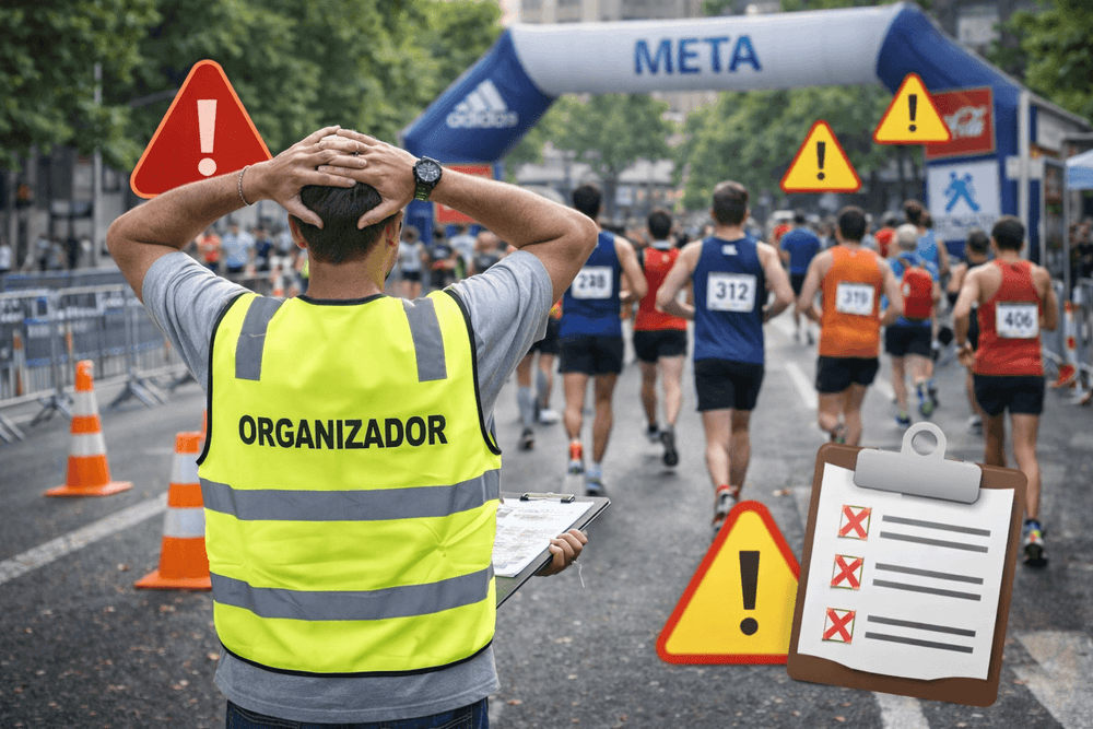 Carrera popular con corredores en meta y organización del evento deportivo.