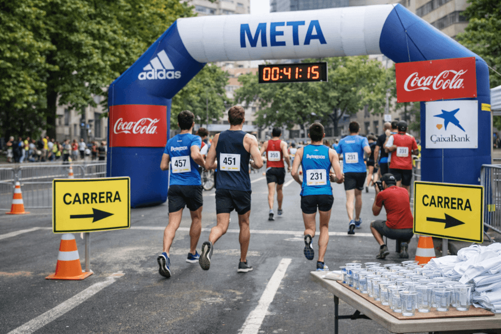 Carrera popular con arco de meta y patrocinadores visibles en señalización, dorsales y zona de llegada del evento deportivo.