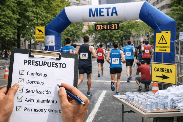 Organización de una carrera popular con arco de meta, corredores, avituallamiento y planificación del presupuesto del evento deportivo.