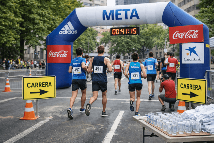 Carrera popular con arco de meta y patrocinadores visibles en señalización, dorsales y zona de llegada del evento deportivo.