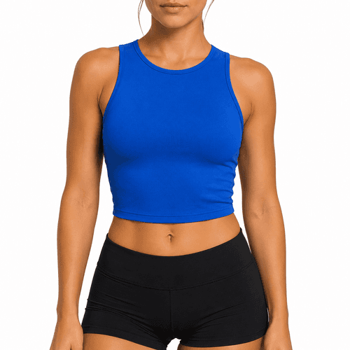 modelo deportiva con el top deportivo en azul 